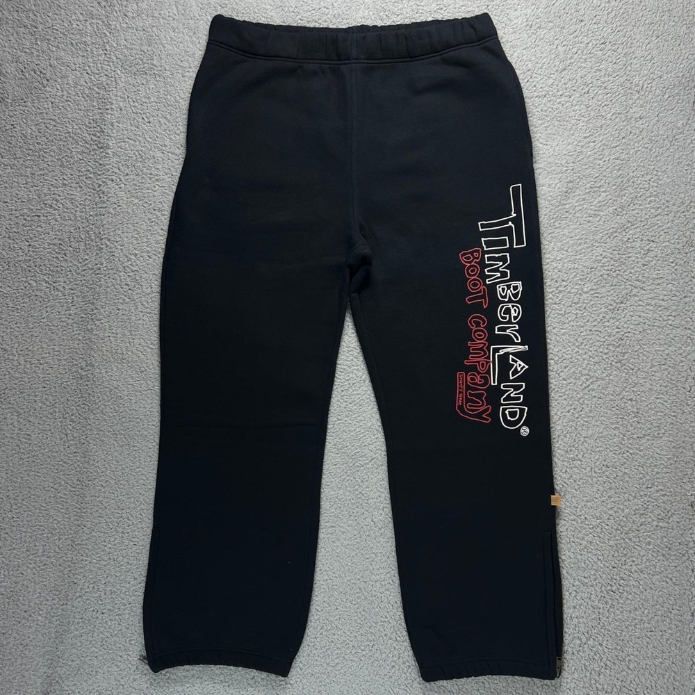 Timberland Sweatpants Men's 2XL Black Boot Company Graphic Logo Ankle Zip Fleece